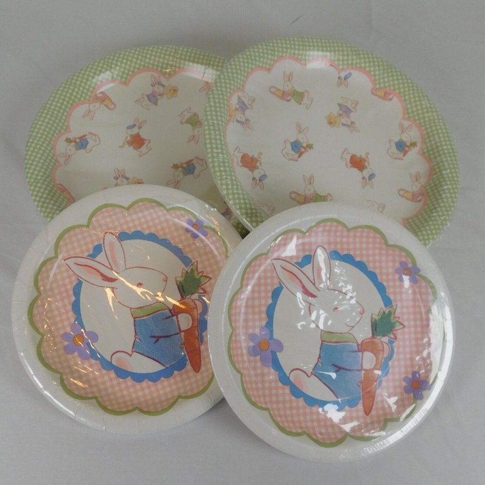 4 Pkgs Easter Holiday Paper Plates Dinner Snack Bunny Rabbit Carrot NIP Check